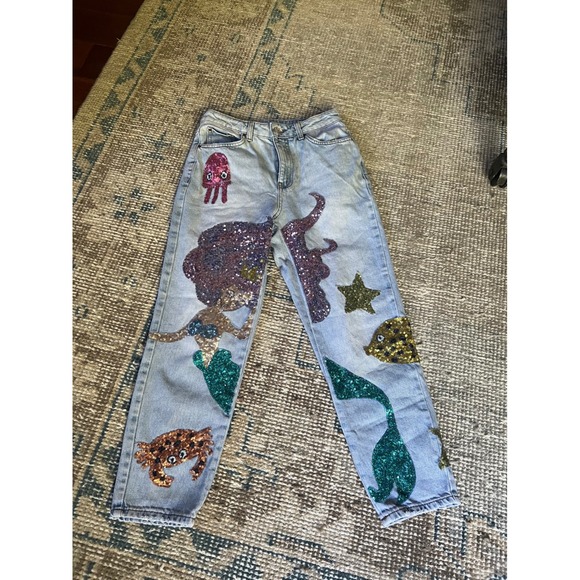 Topshop Denim - Topshop Mermaid Sequin Jeans Light Wash Ocean/Sea Life  Whimsical Art to Wear